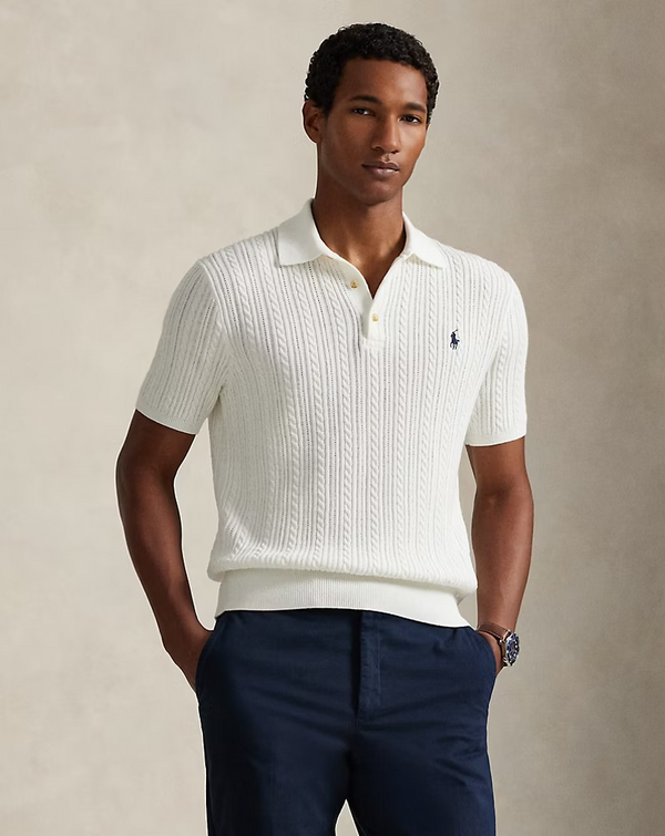 Cable-Knit Cotton Polo Jumper- White - Prince Menswear Watford