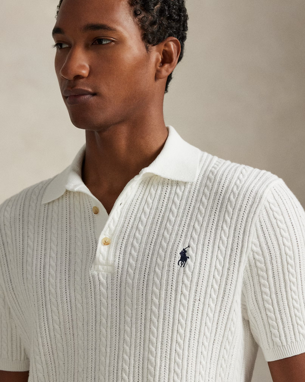 Cable-Knit Cotton Polo Jumper- White - Prince Menswear Watford