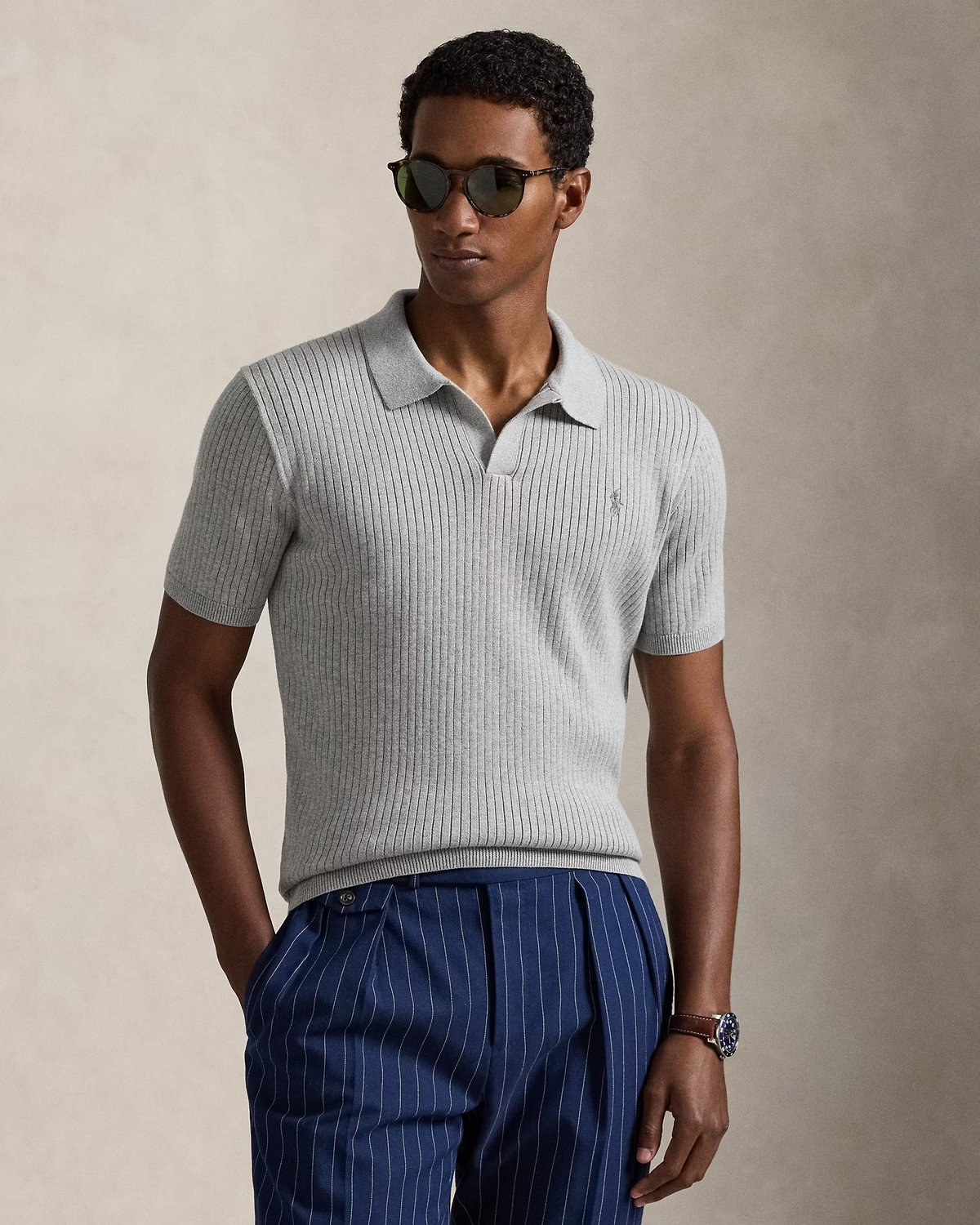 Rib-Knit Cotton Johnny-Collar Polo - Grey
