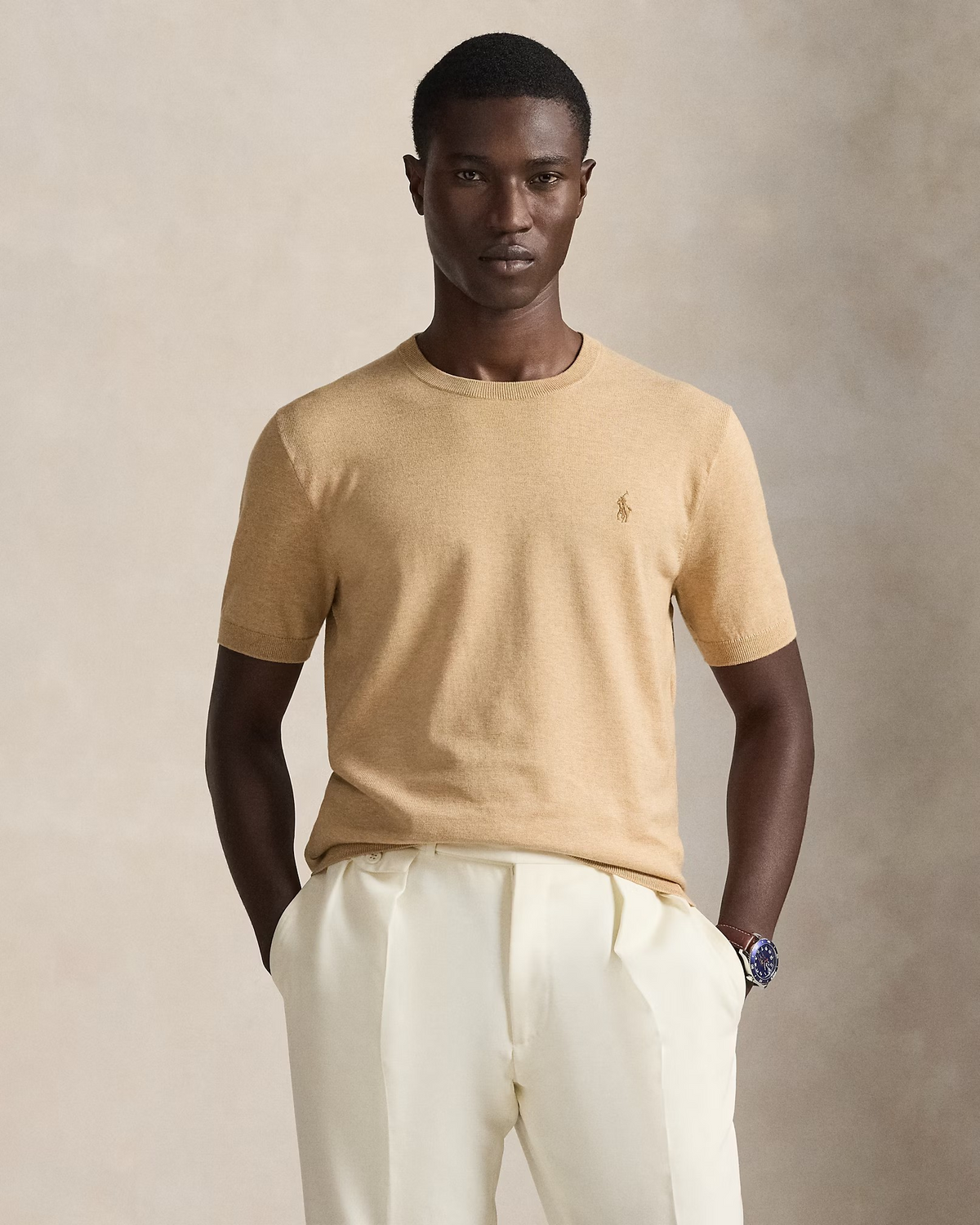 Knitted Cotton Crewneck T-Shirt - Beige
