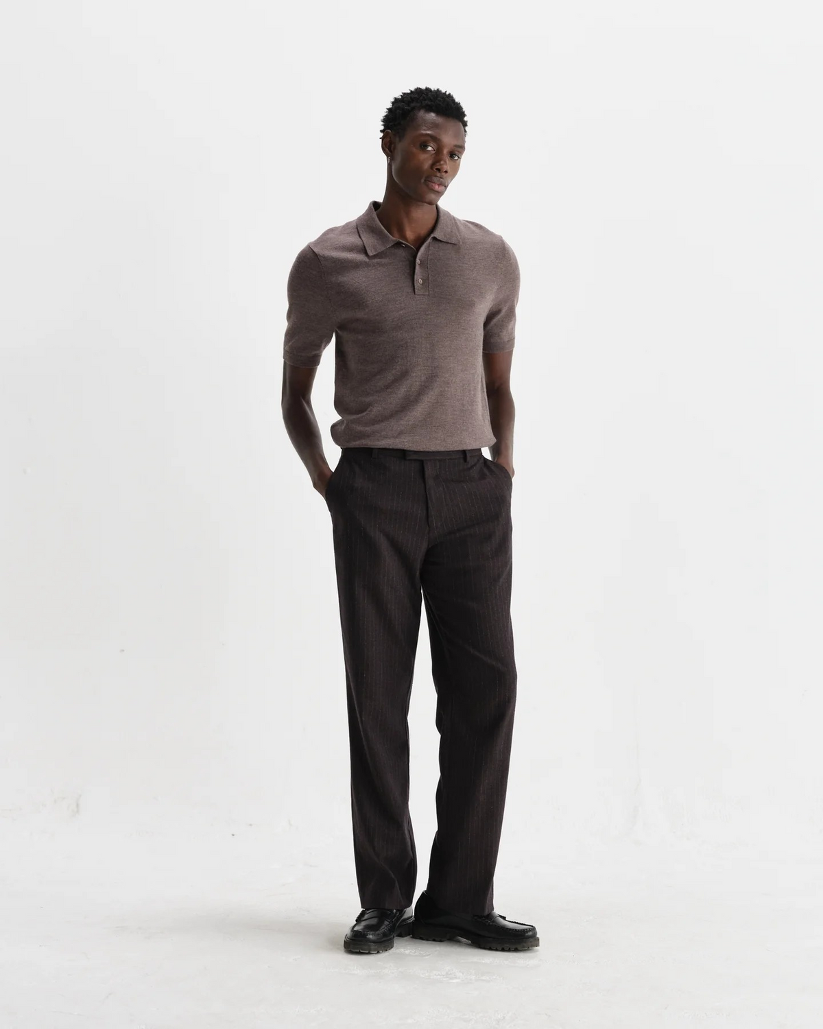Naples Marl Worsted Wool Knitted Polo - Brown