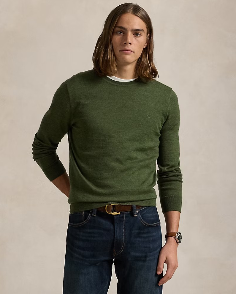 Slim Fit Washable Wool Crewneck Jumper - Green