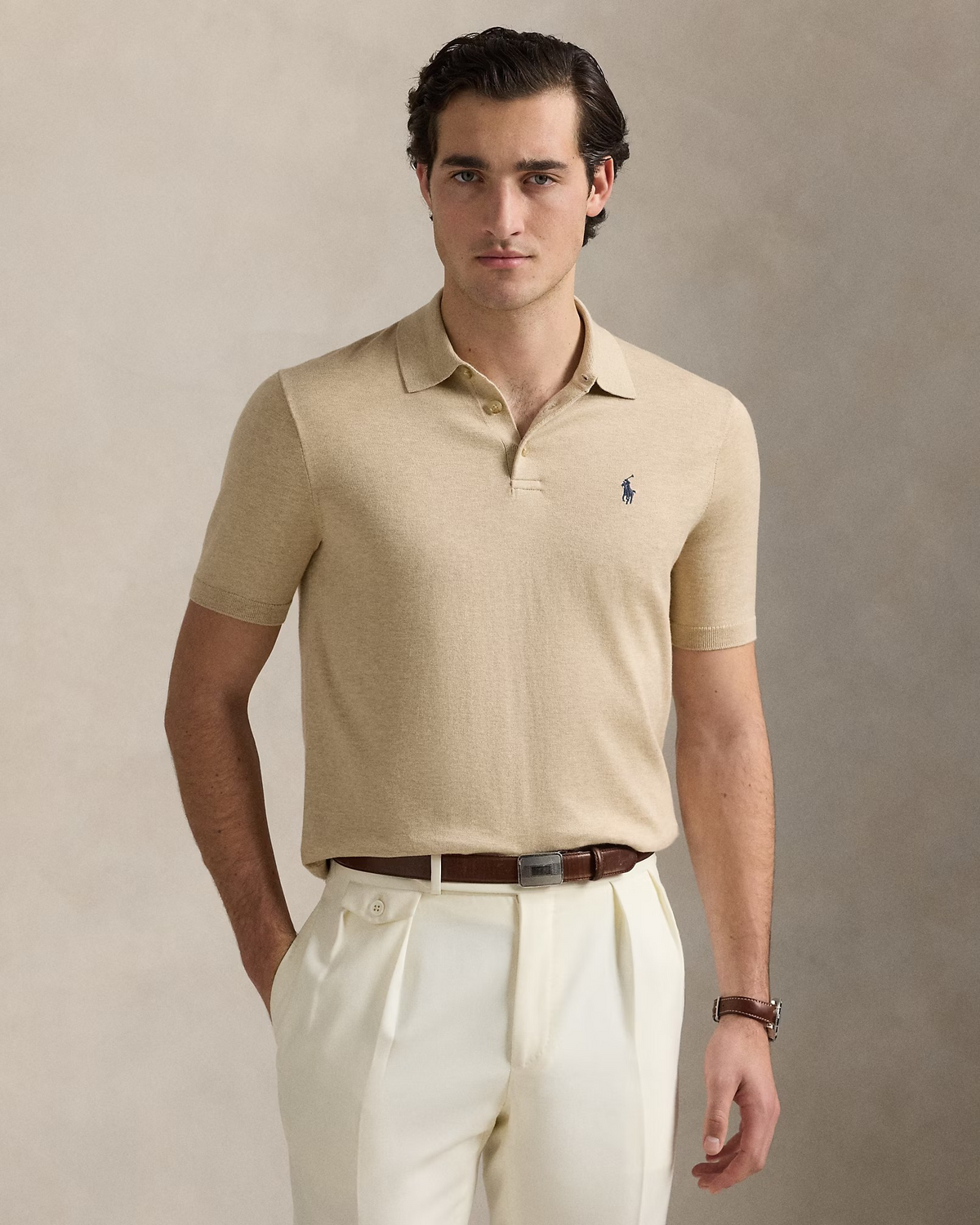 Knitted Cotton Polo - Beige