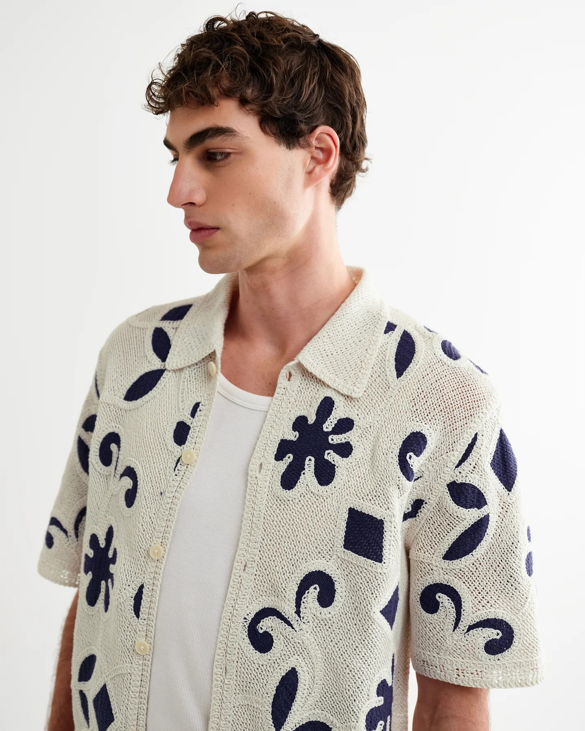 Porto Doodle Crochet Knitted Polo - Cream/Navy