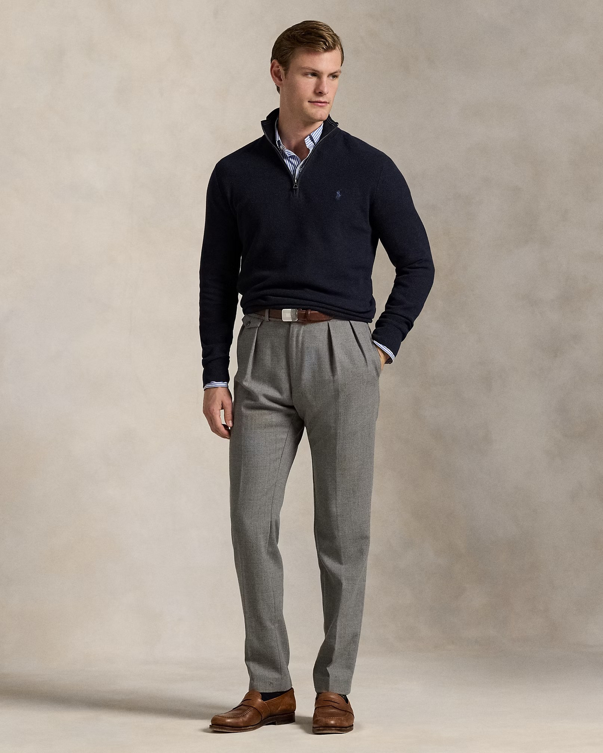 Quarter Zip Textured Mesh Knit Jumper - Navy