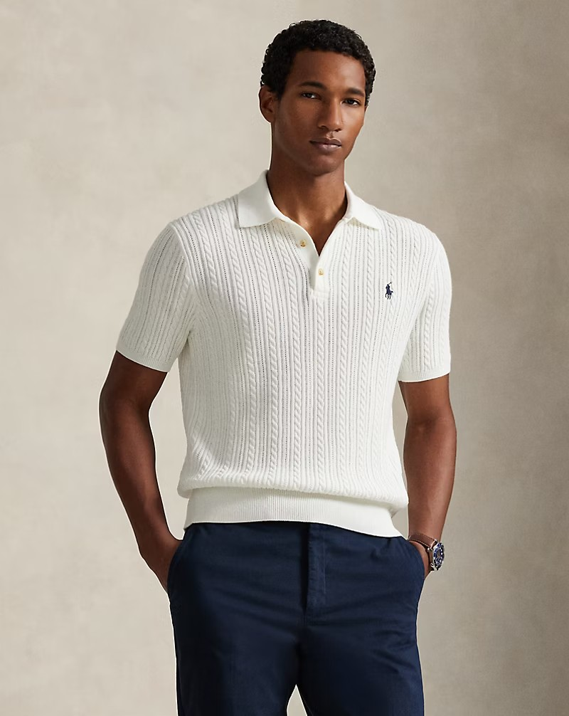 Cable-Knit Cotton Polo Jumper- White
