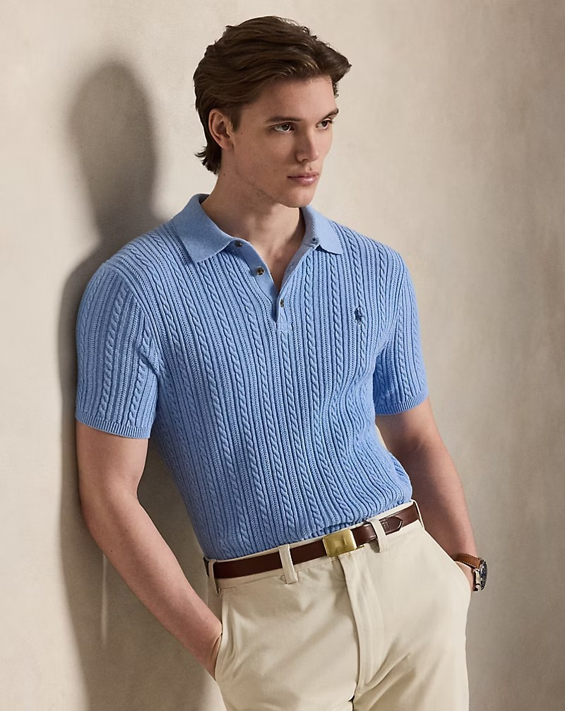 Cable-Knit Cotton Polo Jumper- Light Blue Heather