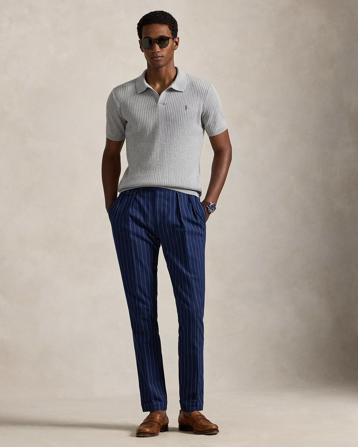 Rib-Knit Cotton Johnny-Collar Polo - Grey