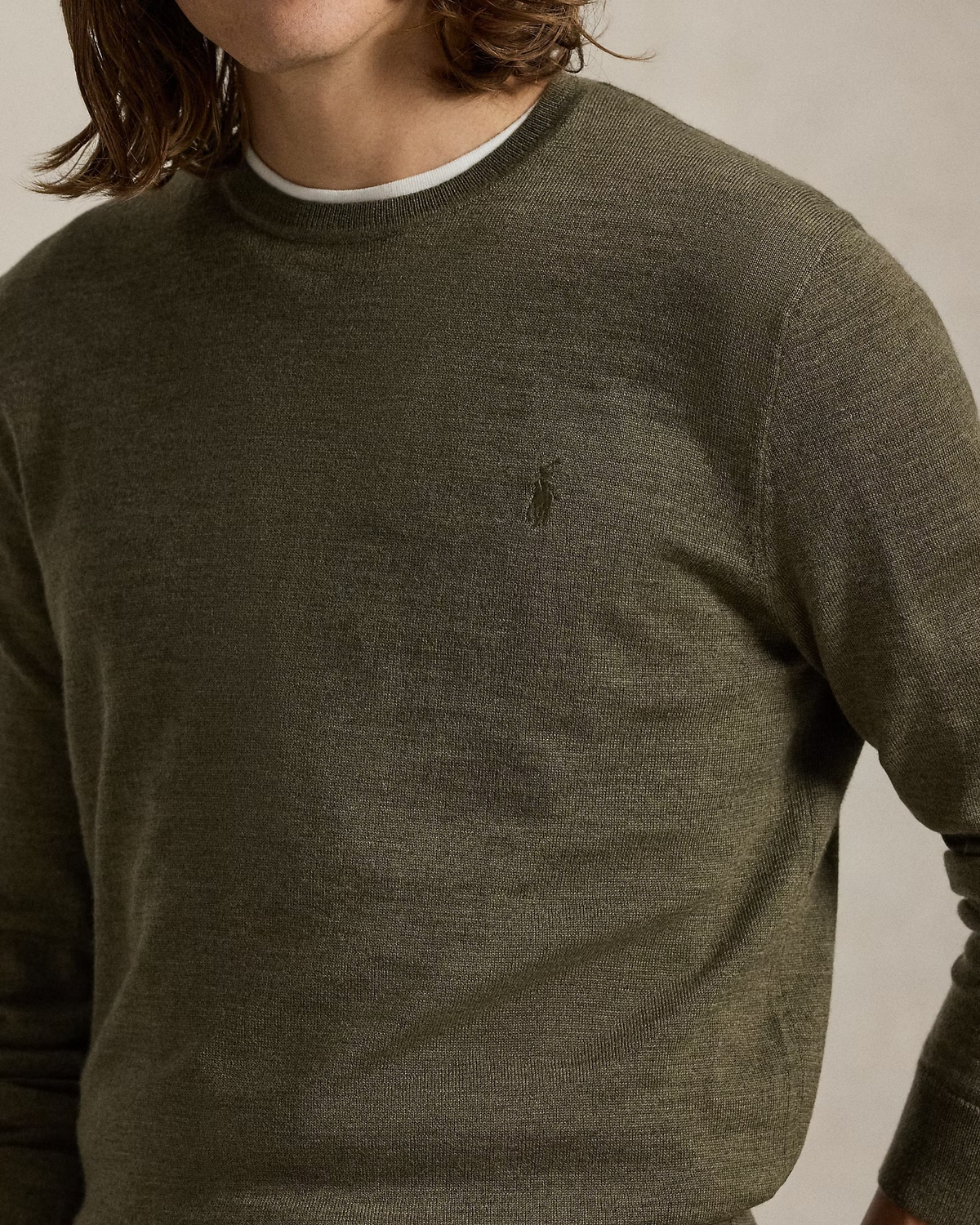 Slim Fit Washable Wool Crewneck Jumper -Olive Heather