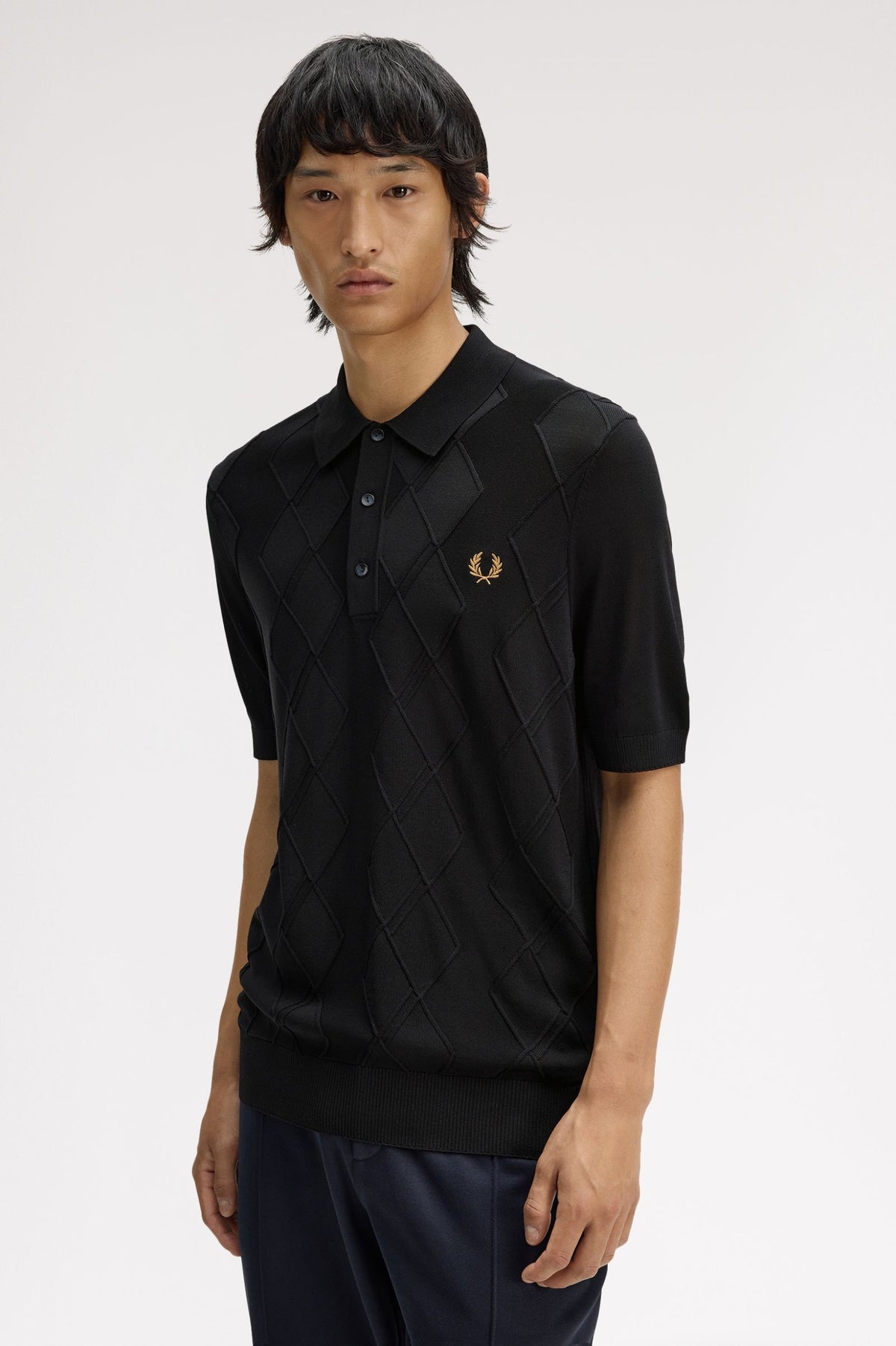 Cable Knitted Polo Shirt- BLACK
