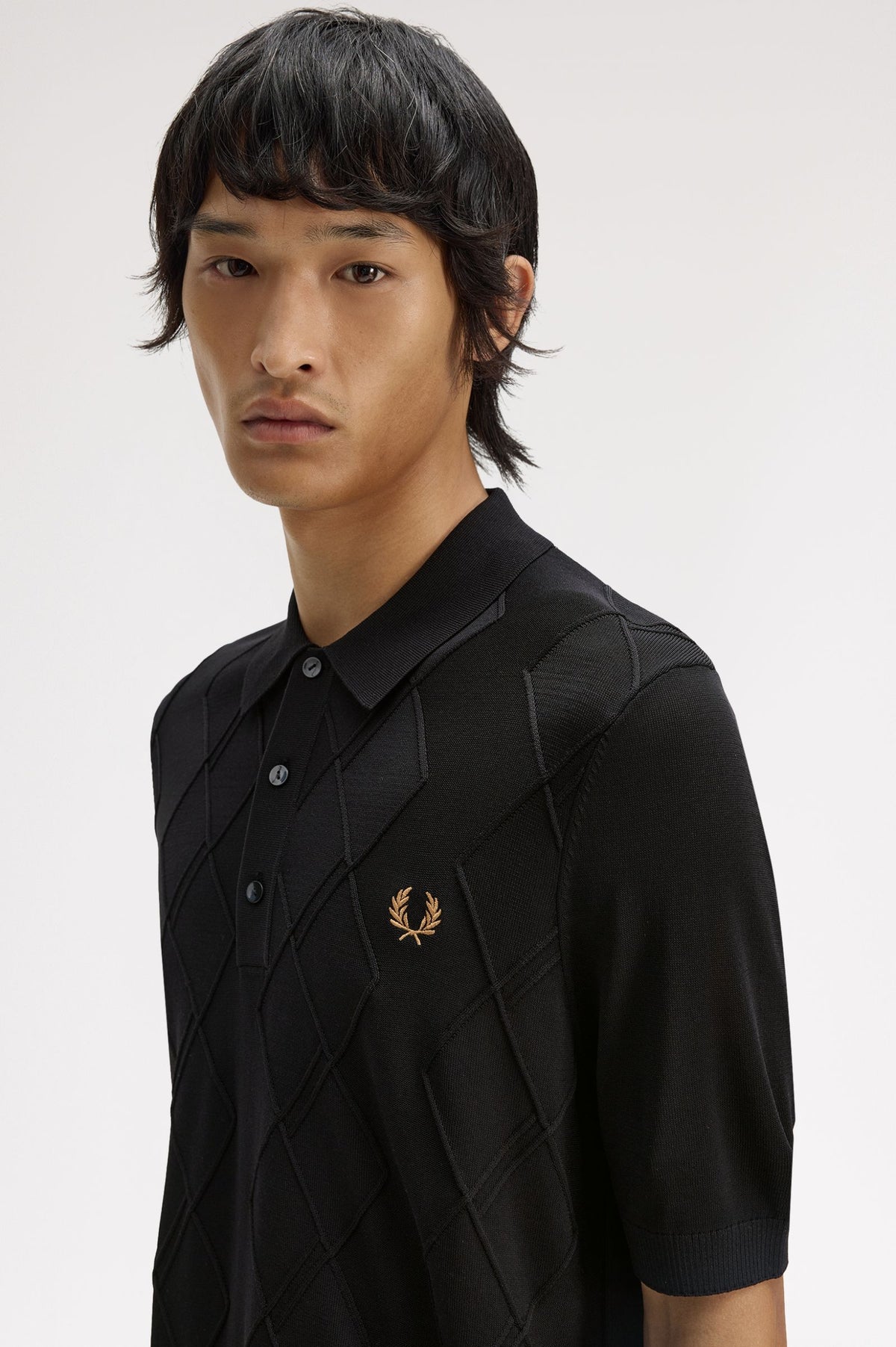 Cable Knitted Polo Shirt- BLACK