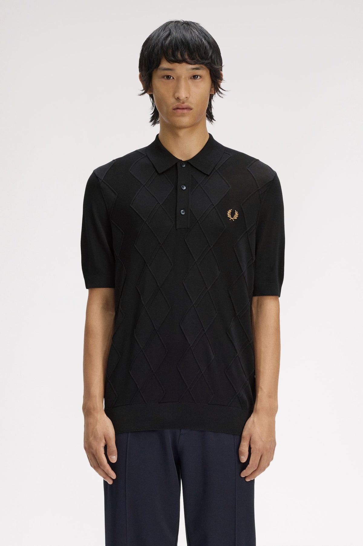 Cable Knitted Polo Shirt- BLACK