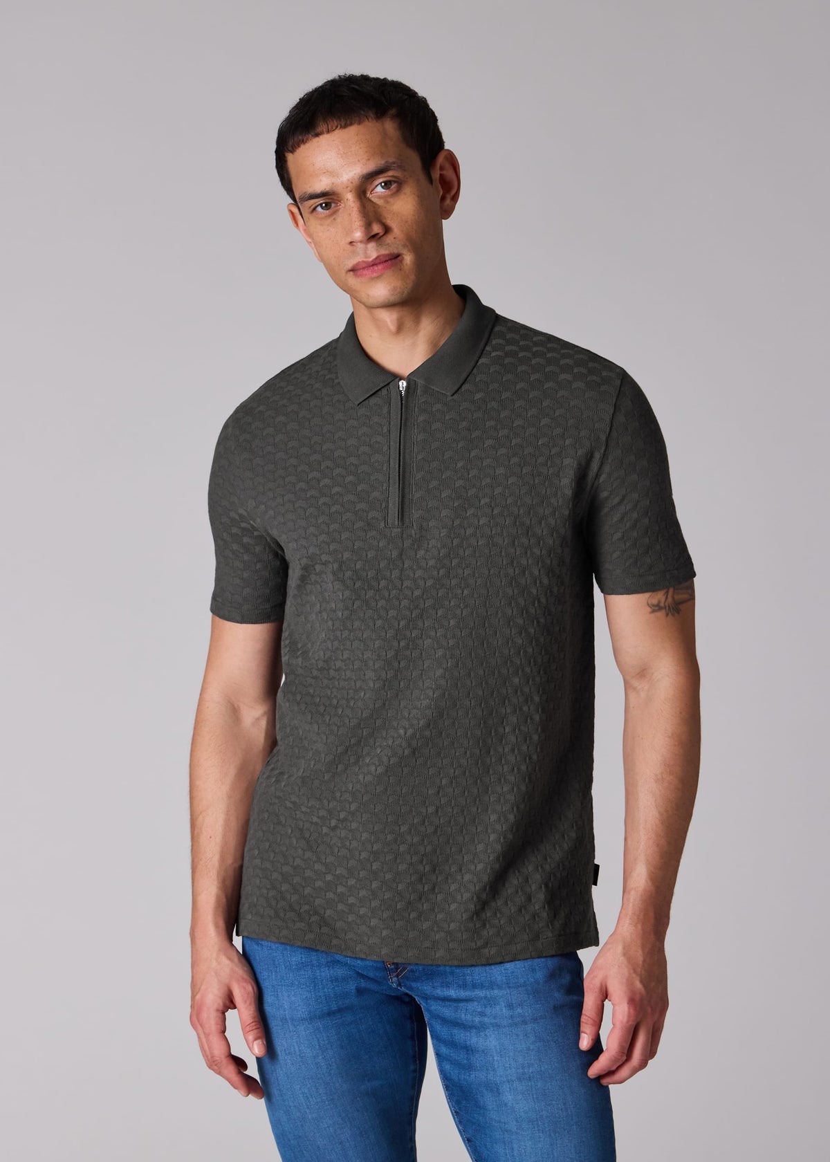 Jacquard Cotton Zip Polo Shirt- Dark Grey