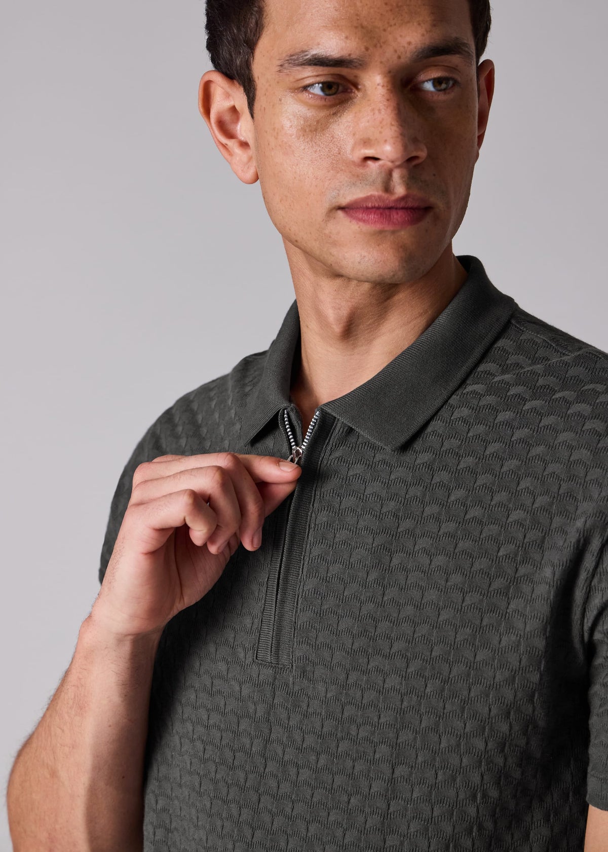 Jacquard Cotton Zip Polo Shirt- Dark Grey
