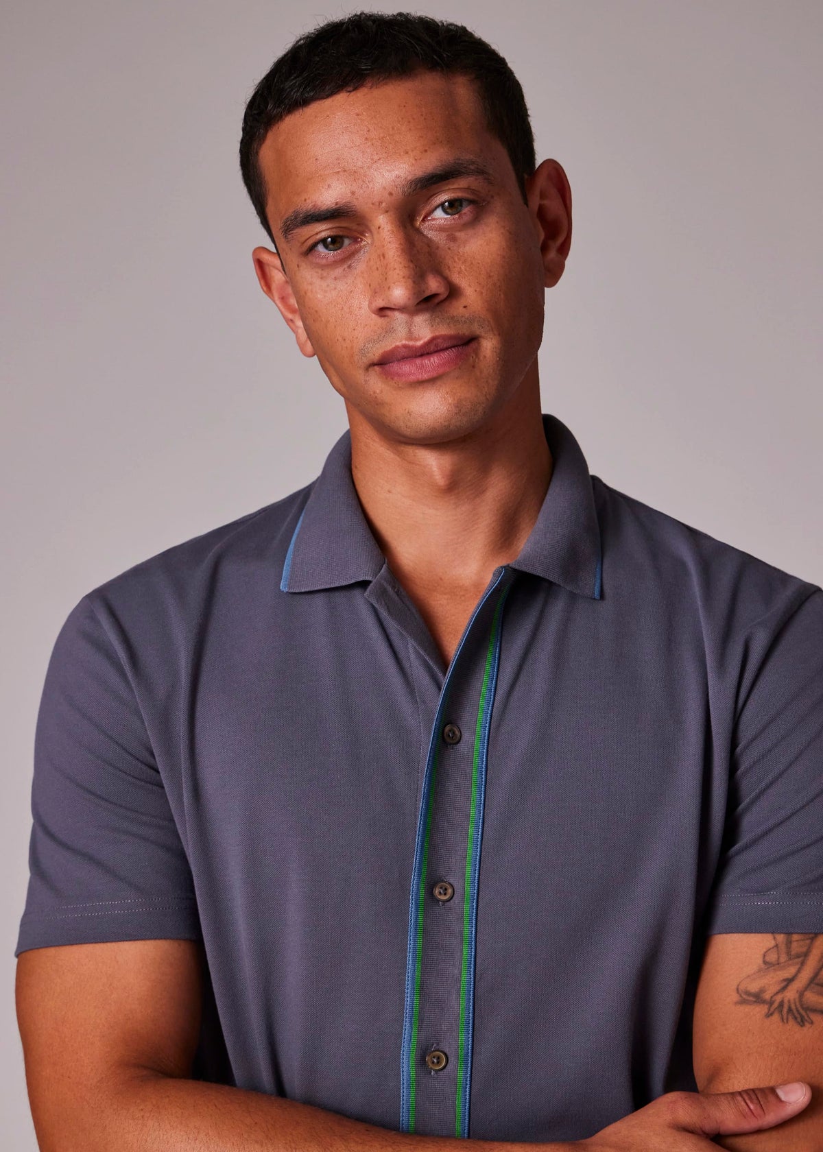 Full Button Stretch Polo Shirt - Grey