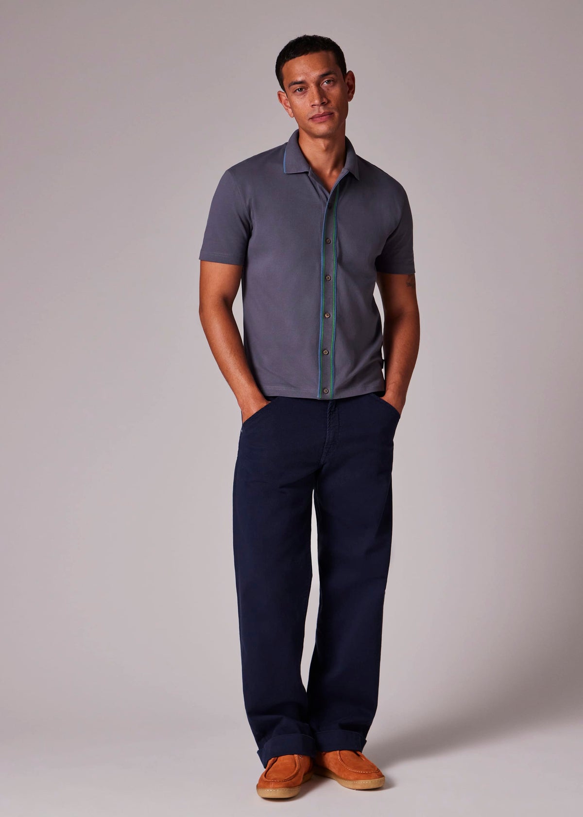 Full Button Stretch Polo Shirt - Grey