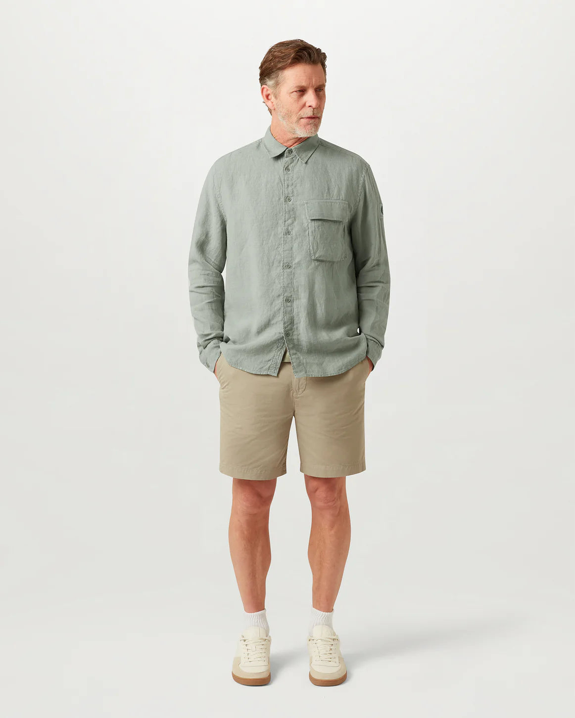 Garment Dyed Linen Long Sleeve Scale Shirt - Green