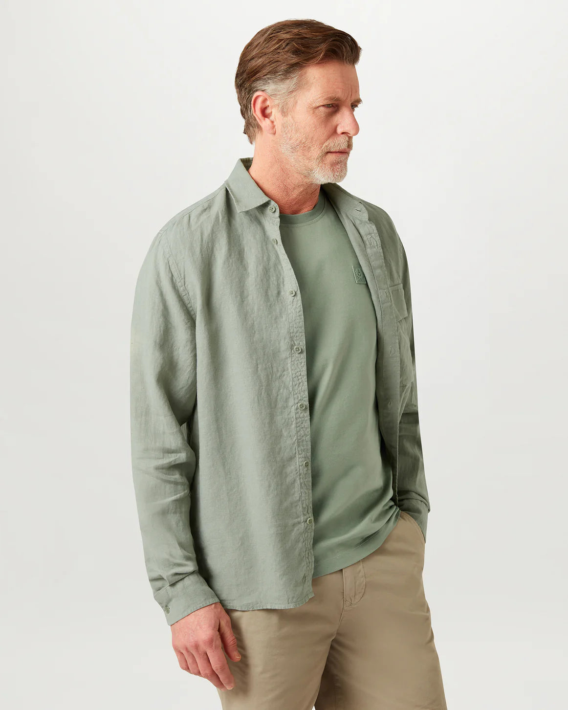 Garment Dyed Linen Long Sleeve Scale Shirt - Green