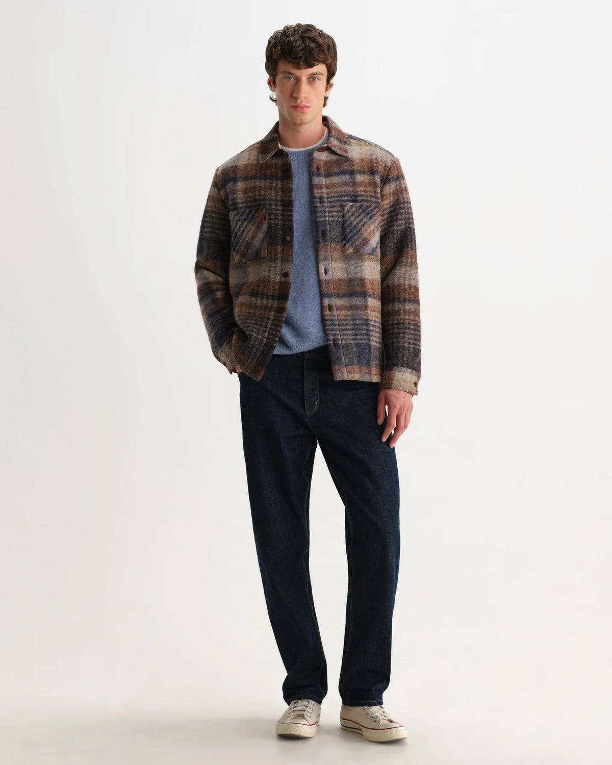 Whiting Check Wool Blend Overshirt - Brown