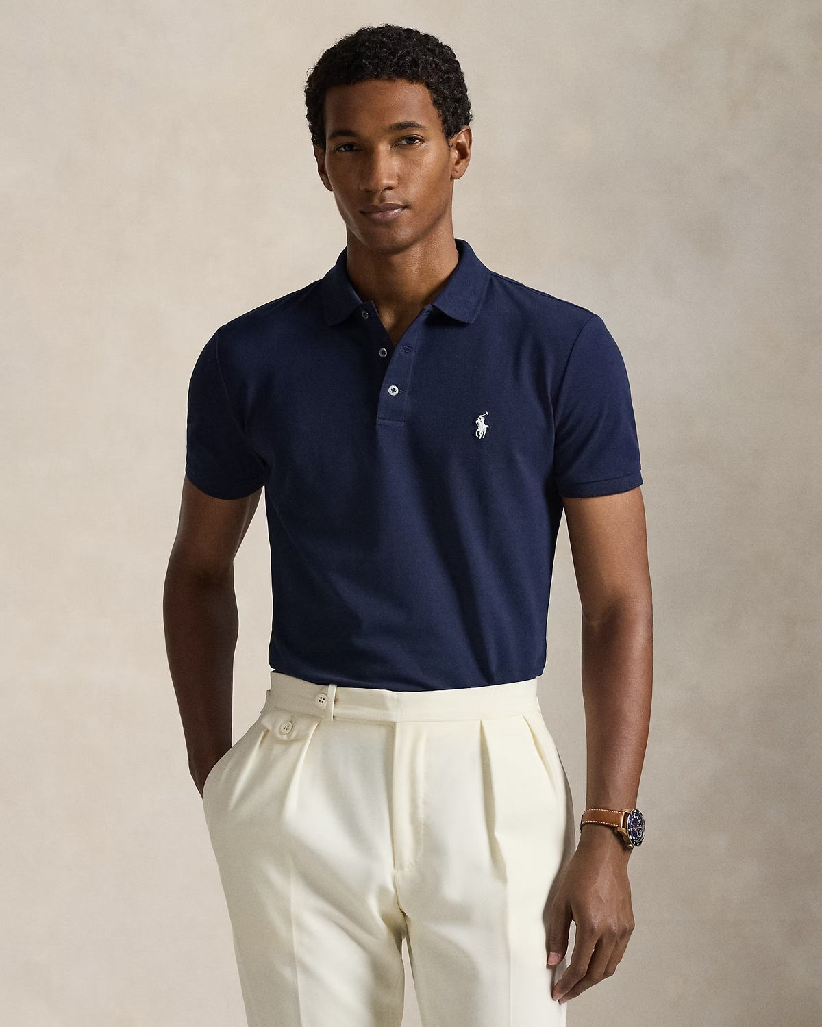 Custom Slim Fit Stretch Mesh Polo - Navy