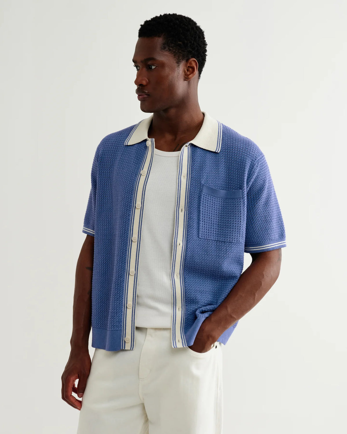 Belle  Tipped Pointelle Polo Shirt - Blue