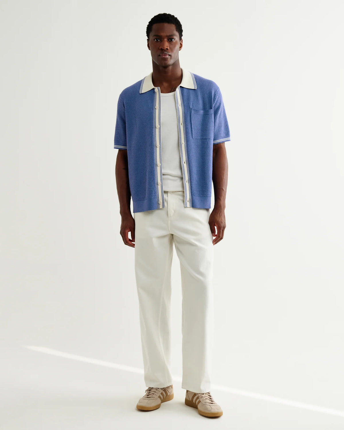 Belle  Tipped Pointelle Polo Shirt - Blue