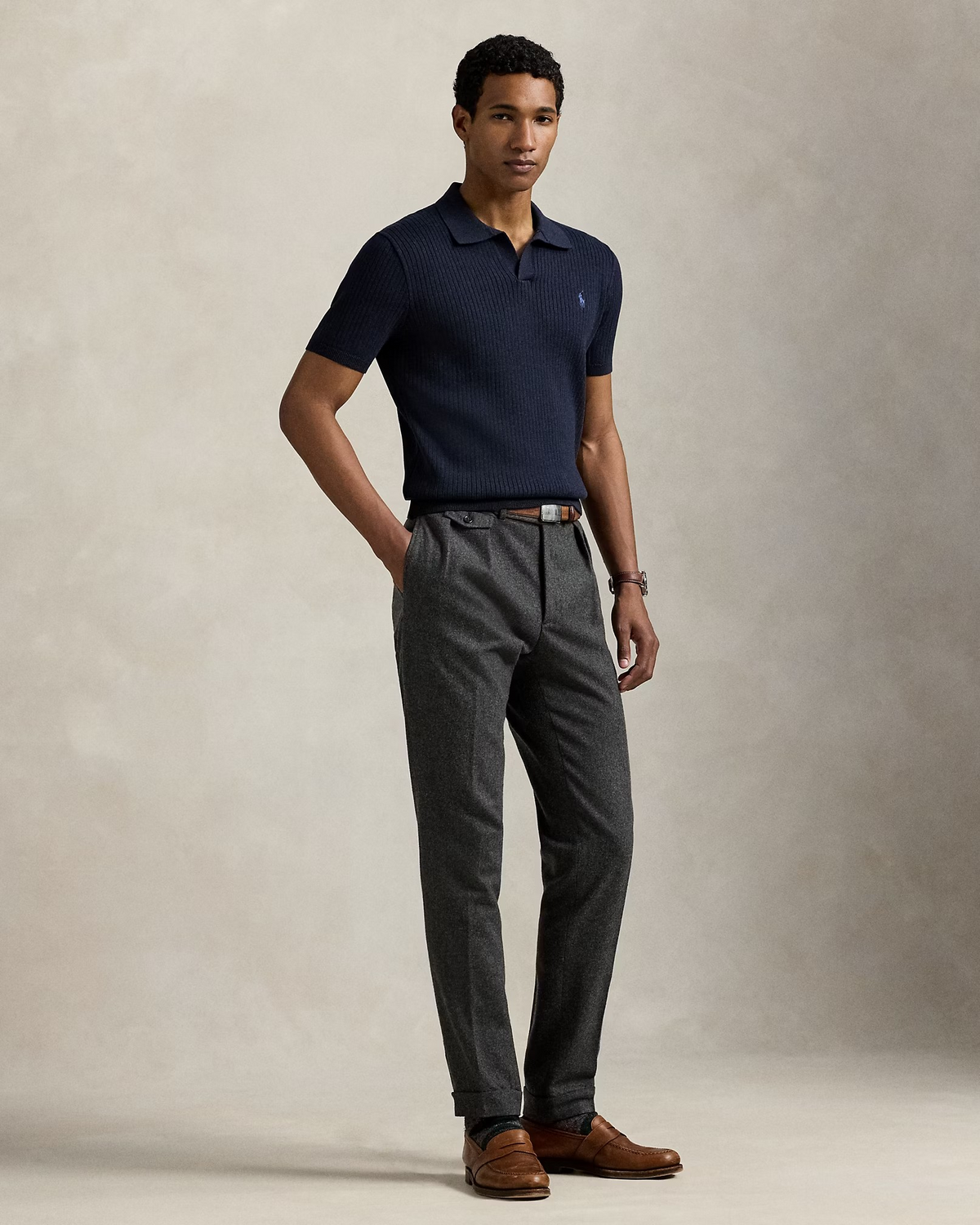 Rib-Knit Cotton Johnny-Collar Polo - Navy