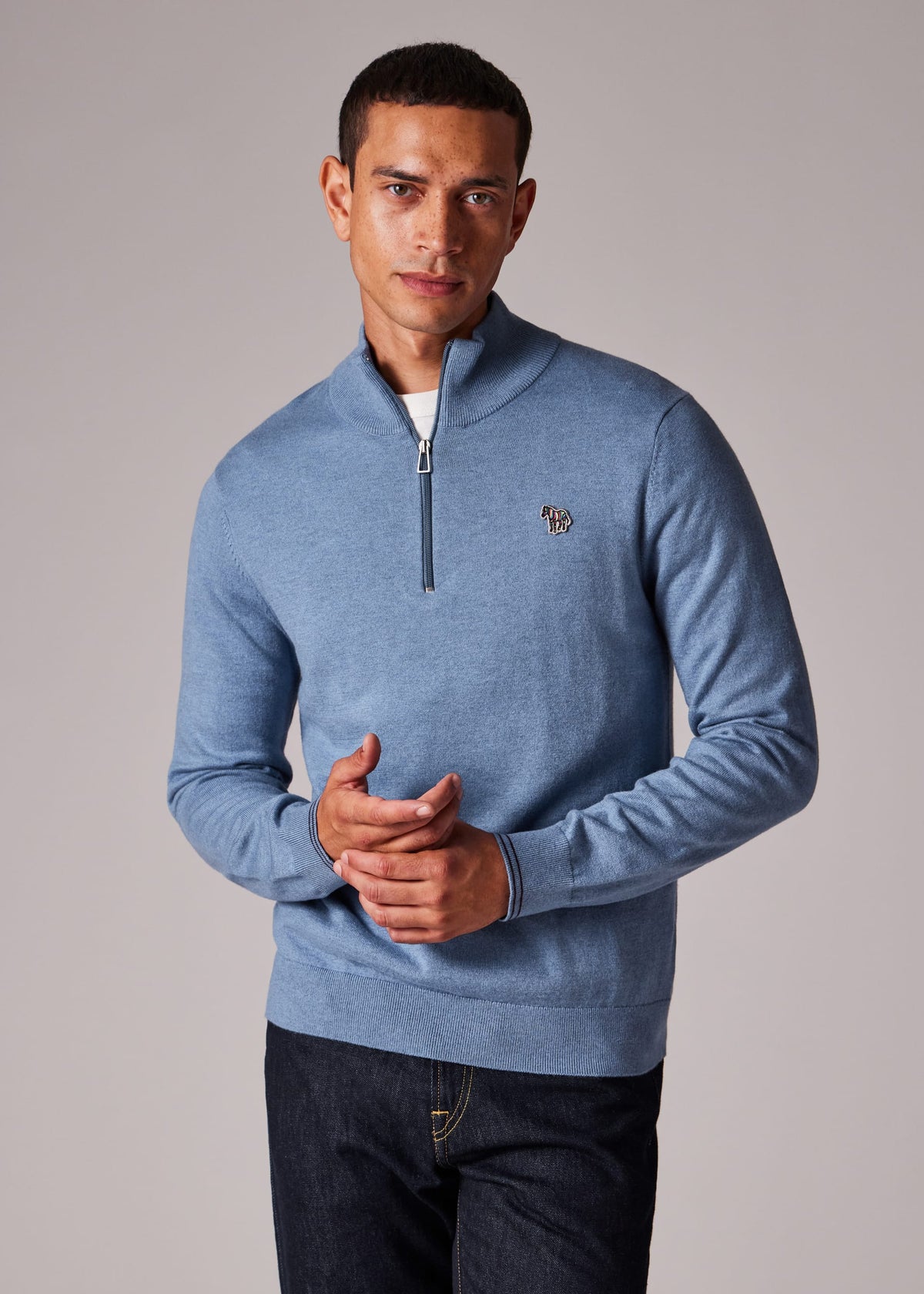 Half Zip Zebra Knitwear Sweater - Pale Blue