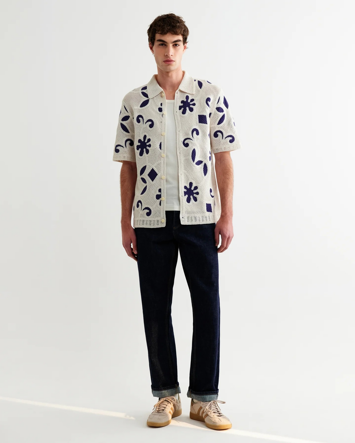 Porto Doodle Crochet Knitted Polo - Cream/Navy