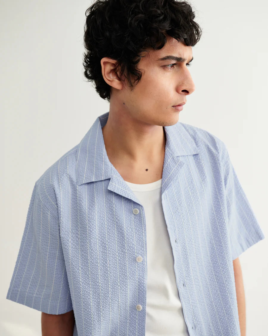 Didcot - Seersucker Stripe Short-Sleeve Shirt- Blue and Ecru