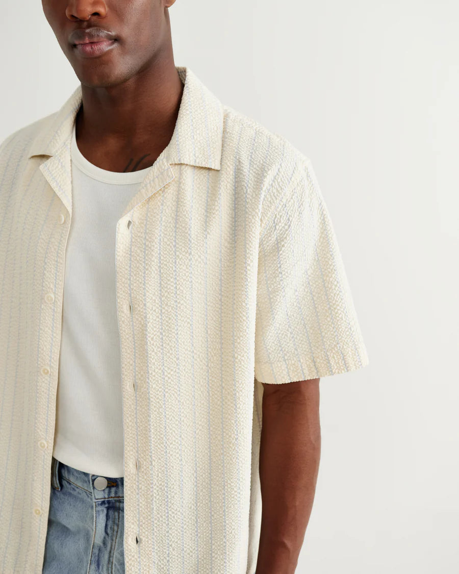 Didcot - Seersucker Stripe Short-Sleeve Shirt- Ecru and Blue
