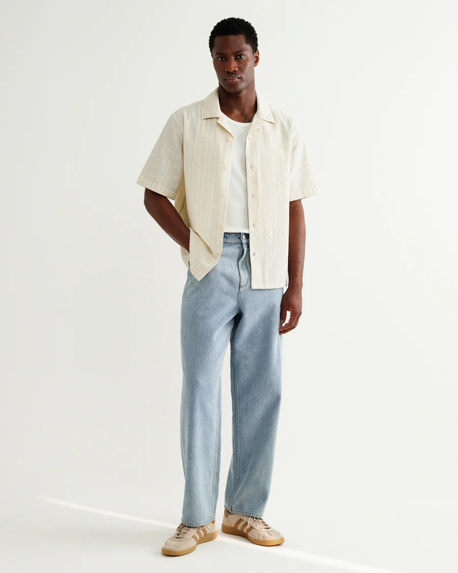 Didcot - Seersucker Stripe Short-Sleeve Shirt- Ecru and Blue