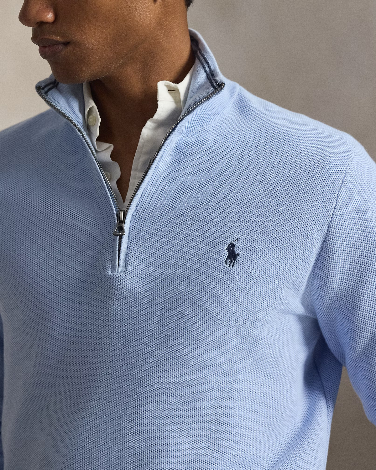 Quarter Zip Textured Mesh Knit Jumper - Sky