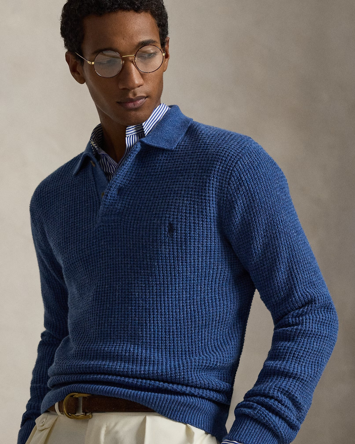 Textured Wool-Cotton Polo-Collar Jumper - Blue