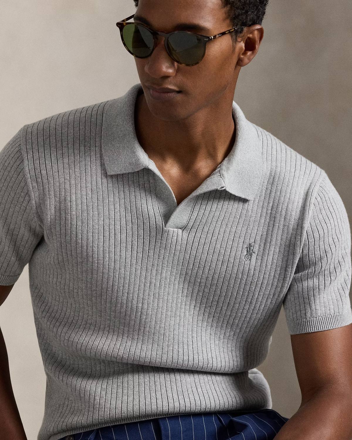 Rib-Knit Cotton Johnny-Collar Polo - Grey