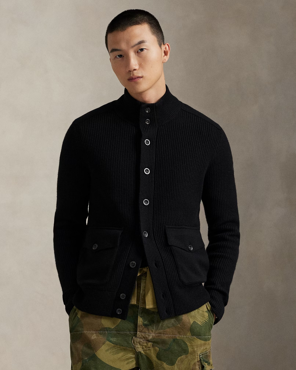 Wool Mockneck Cardigan - Black