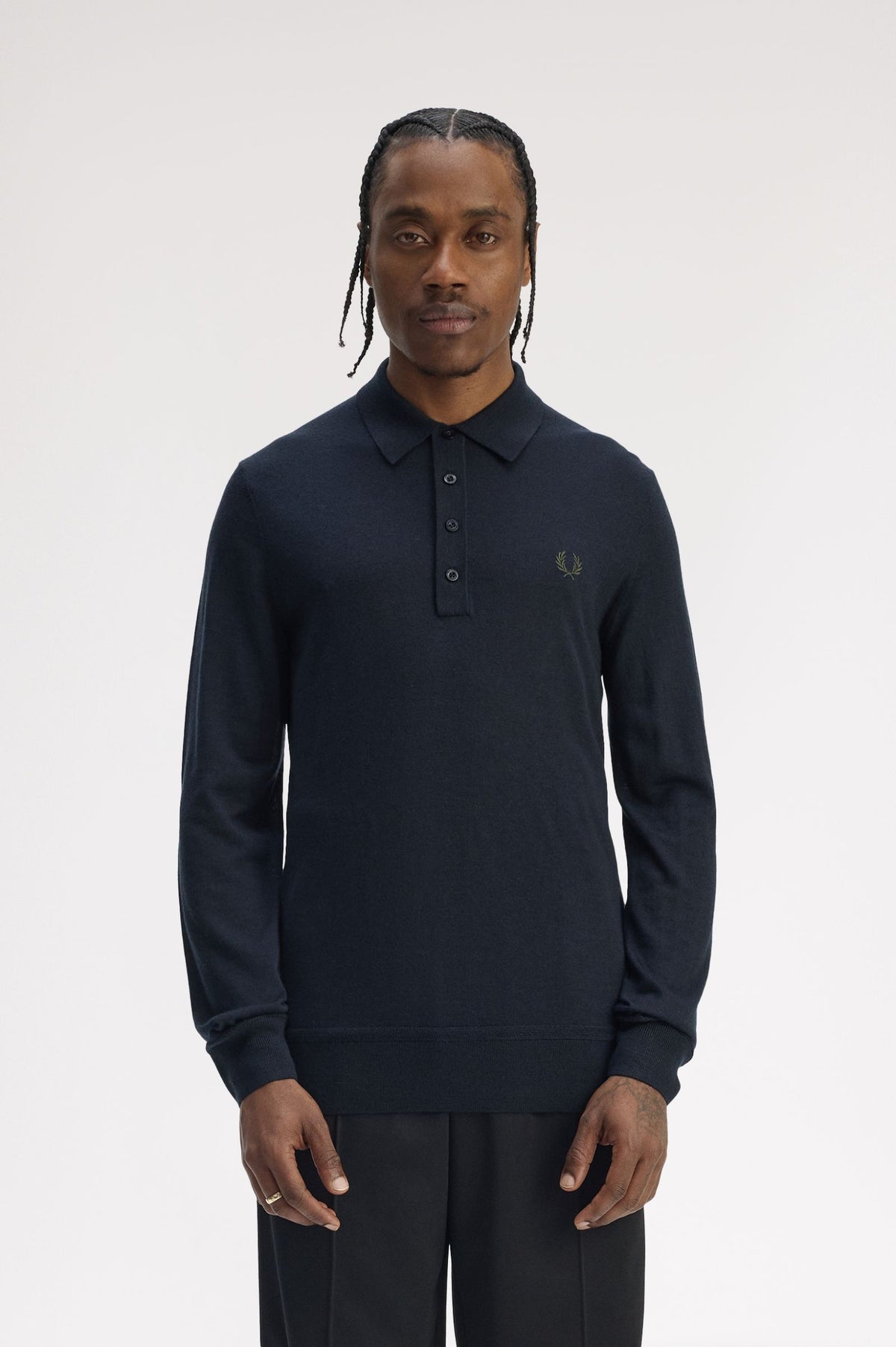 Fine Knitted Long Sleeve Polo Shirt - Navy