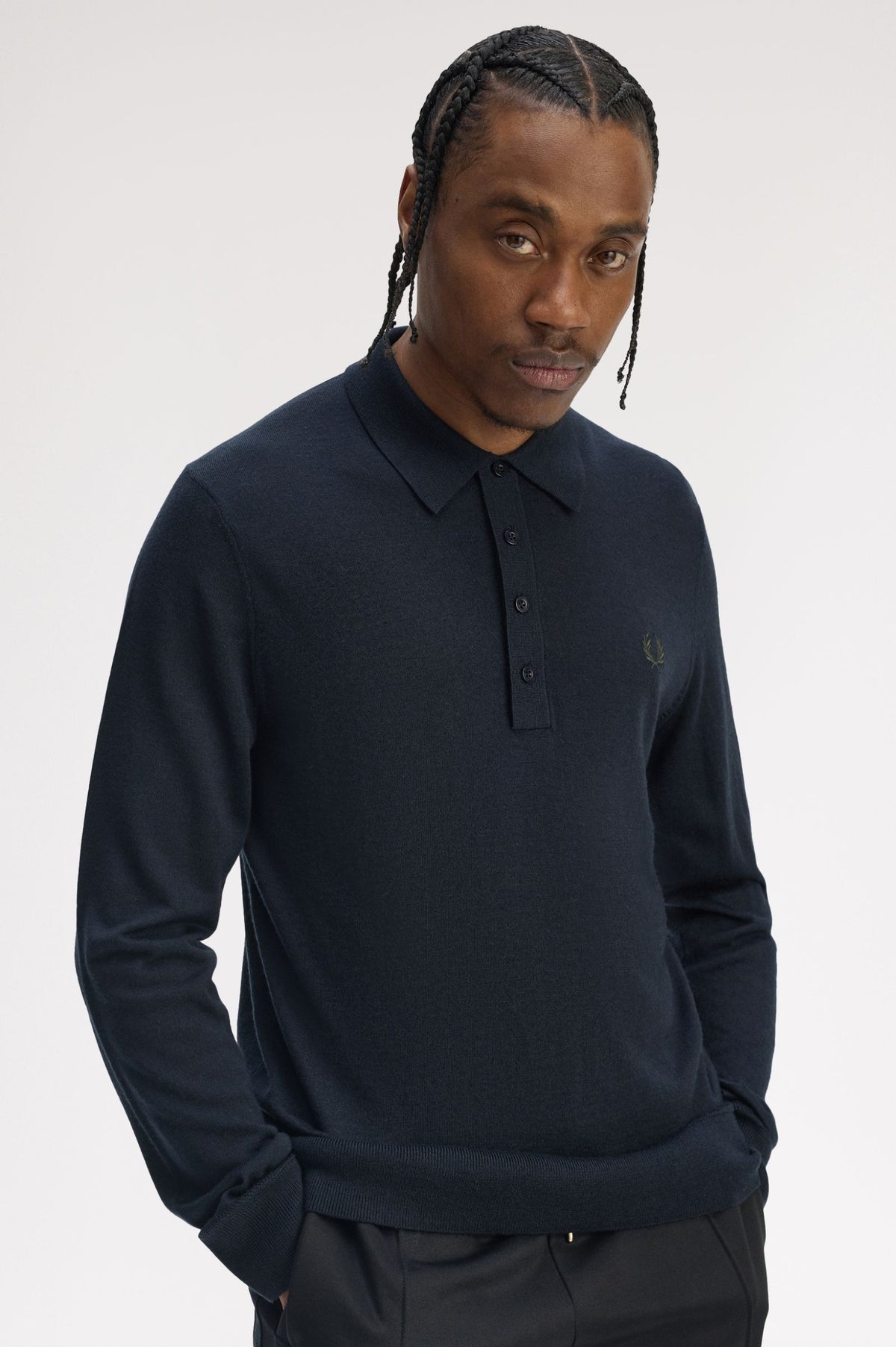 Fine Knitted Long Sleeve Polo Shirt - Navy