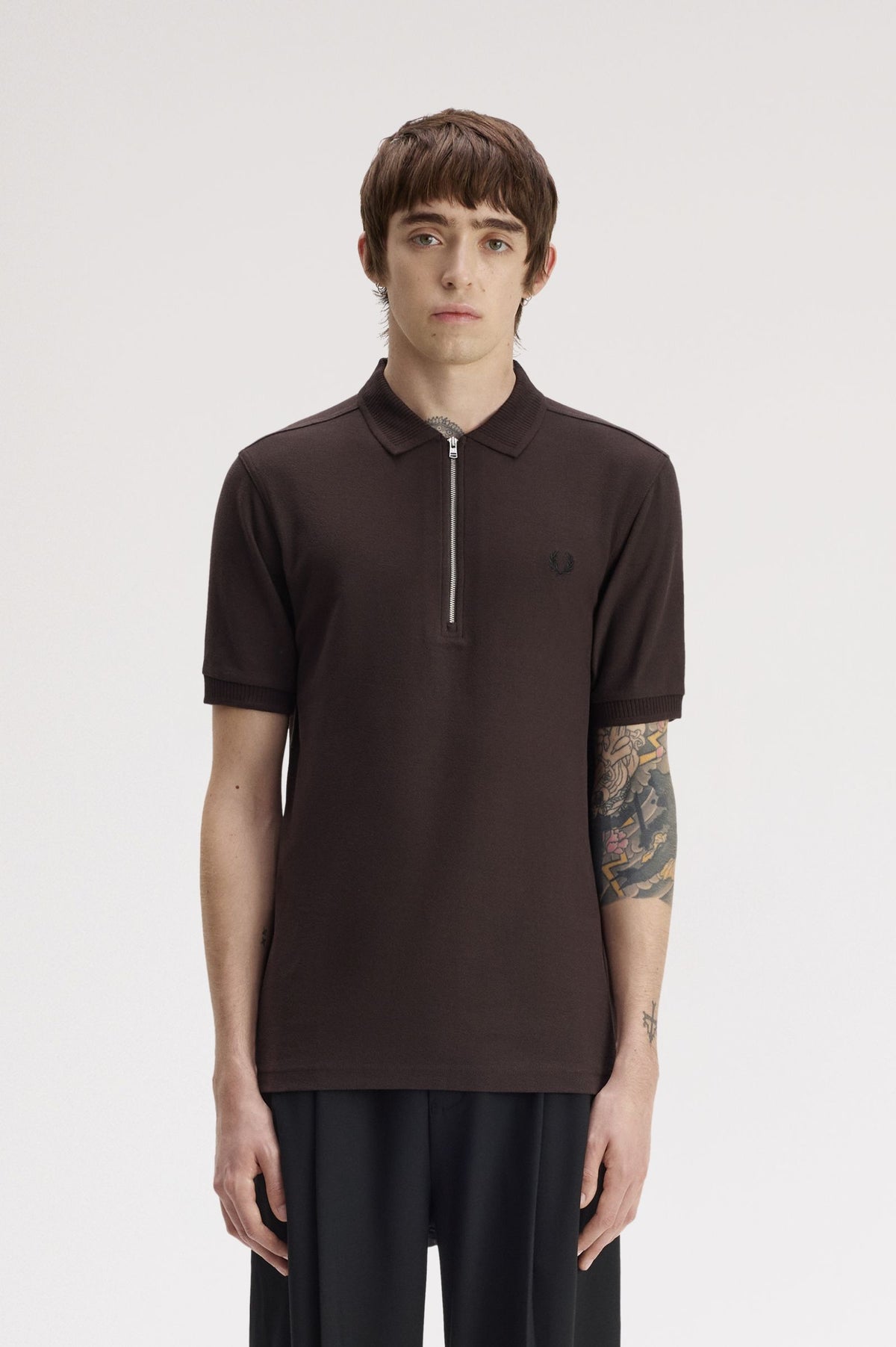 Crepe Pique Zip Polo - Brown
