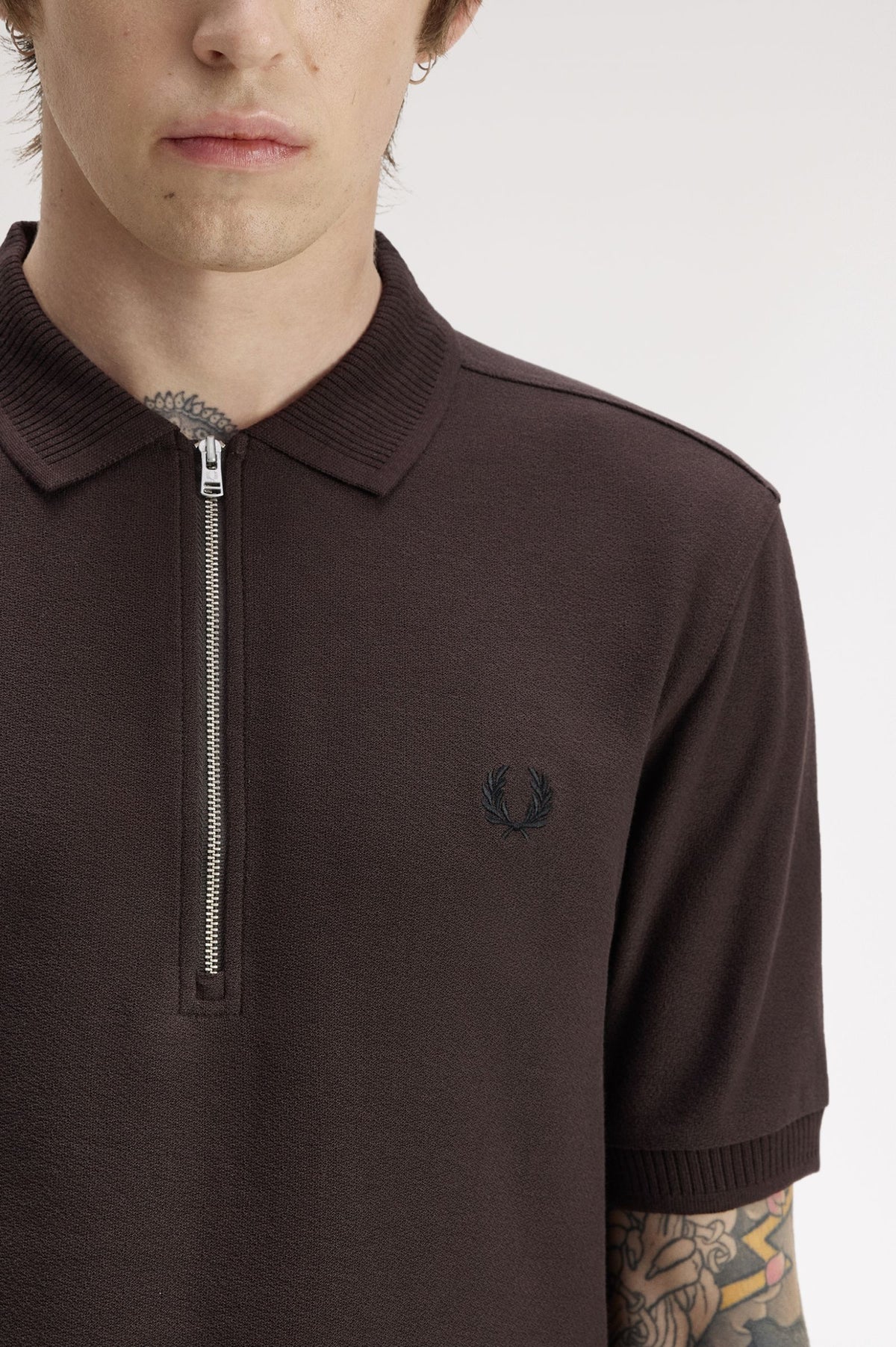 Crepe Pique Zip Polo - Brown