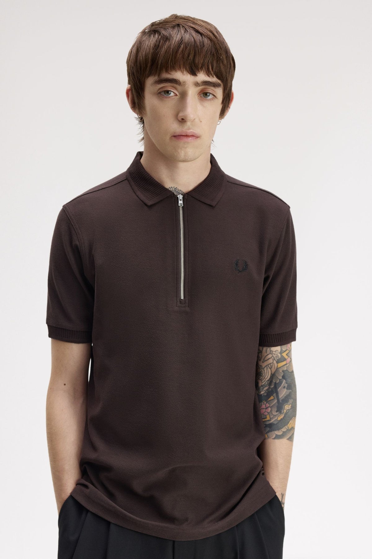 Crepe Pique Zip Polo - Brown