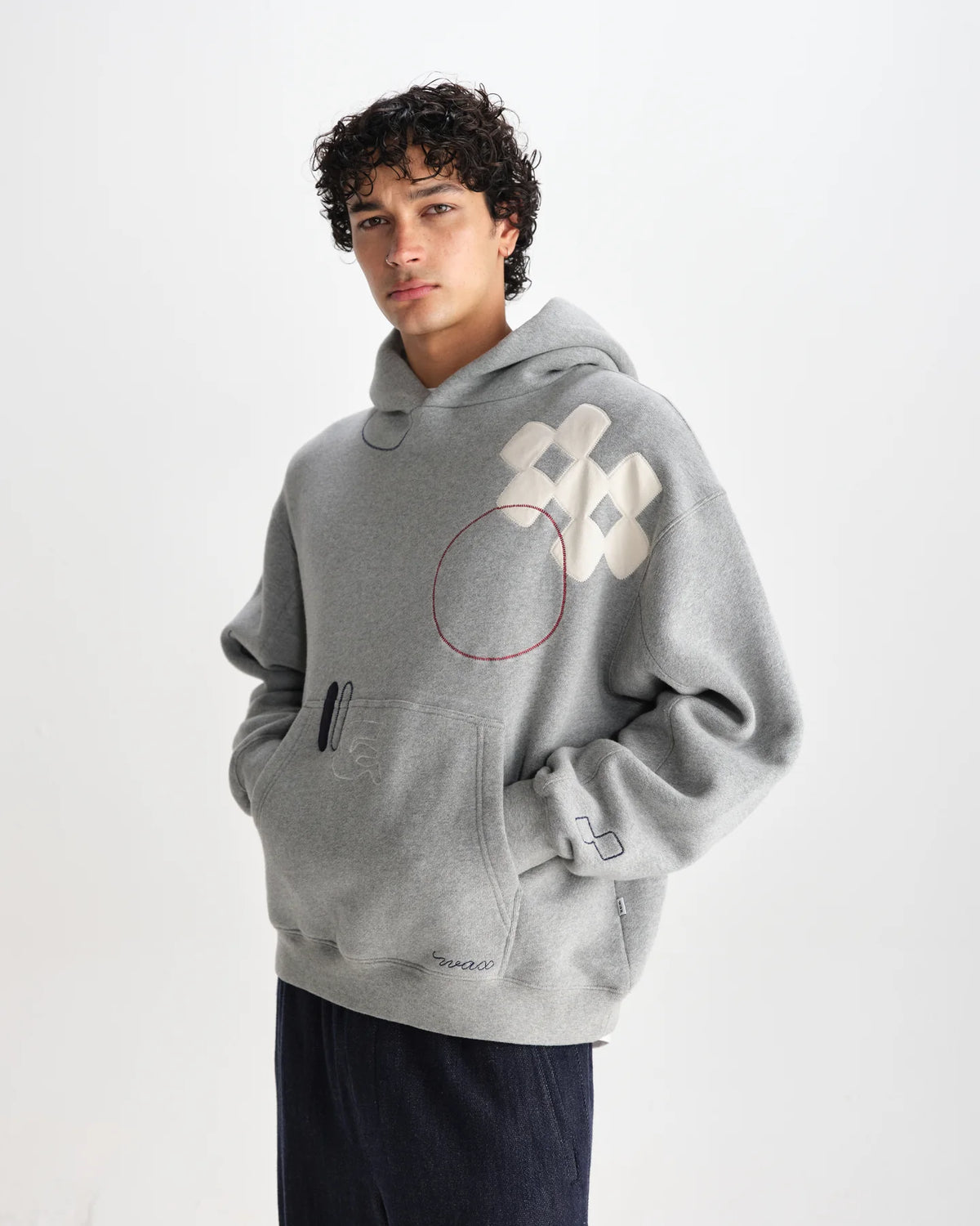 Rydal Doodle Embroidered Loopback Cotton Hoodie - Grey