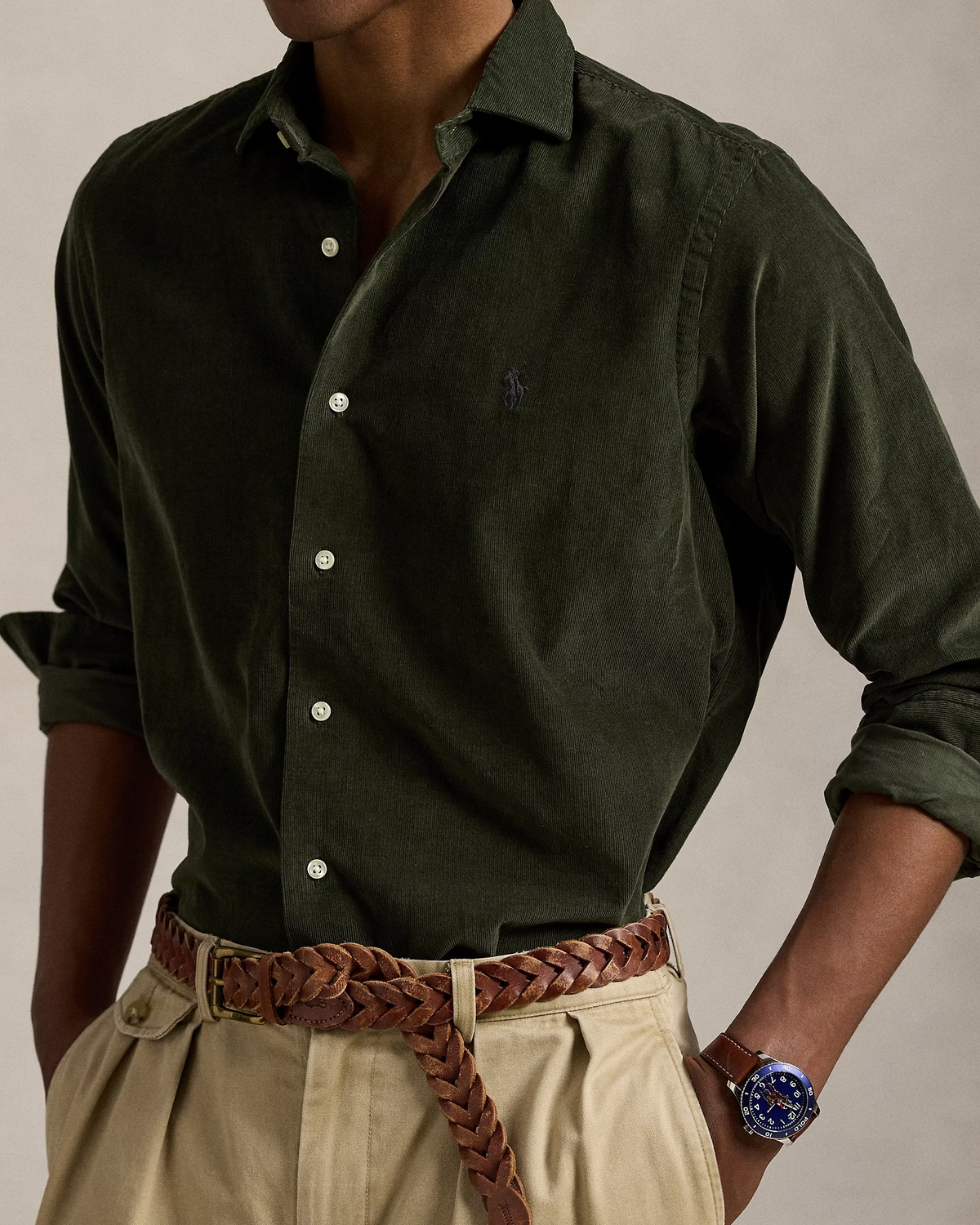 Custom Fit Corduroy Shirt - Olive