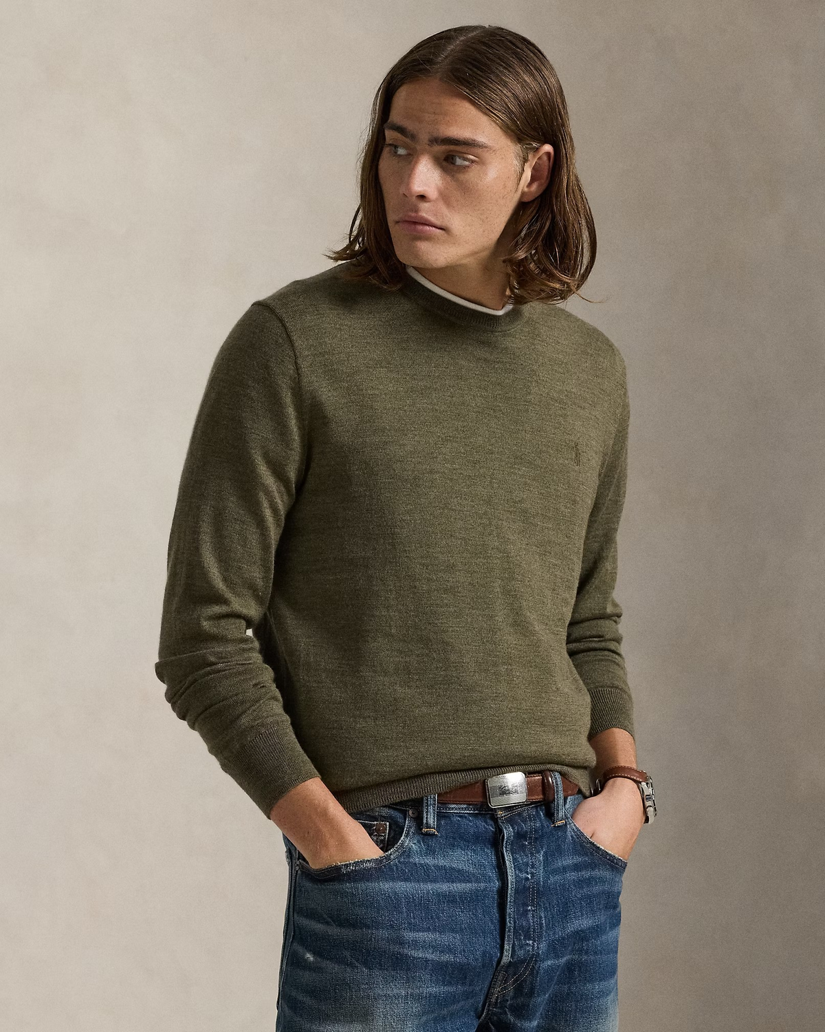 Slim Fit Washable Wool Crewneck Jumper -Olive Heather