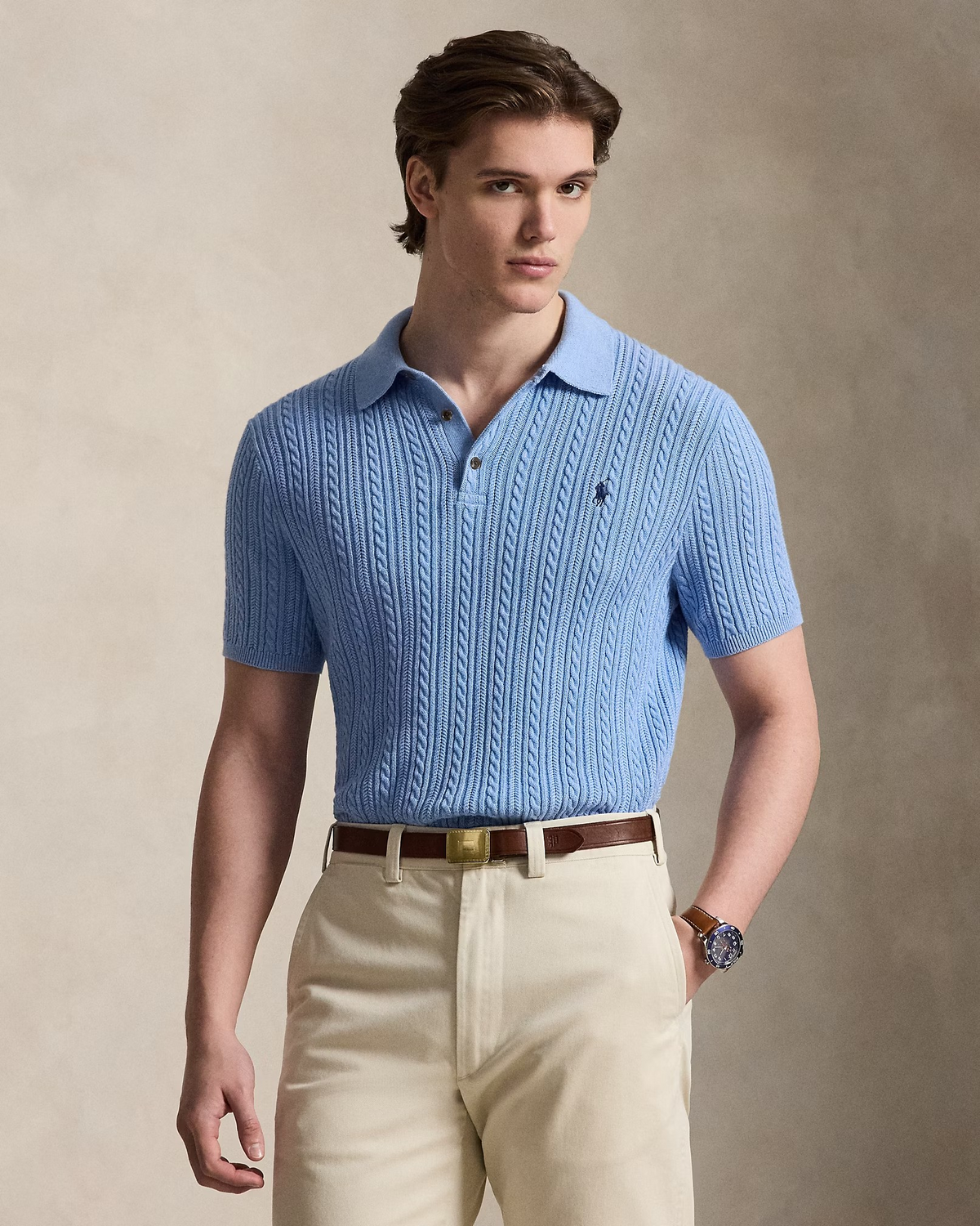 Cable-Knit Cotton Polo Jumper- Light Blue Heather