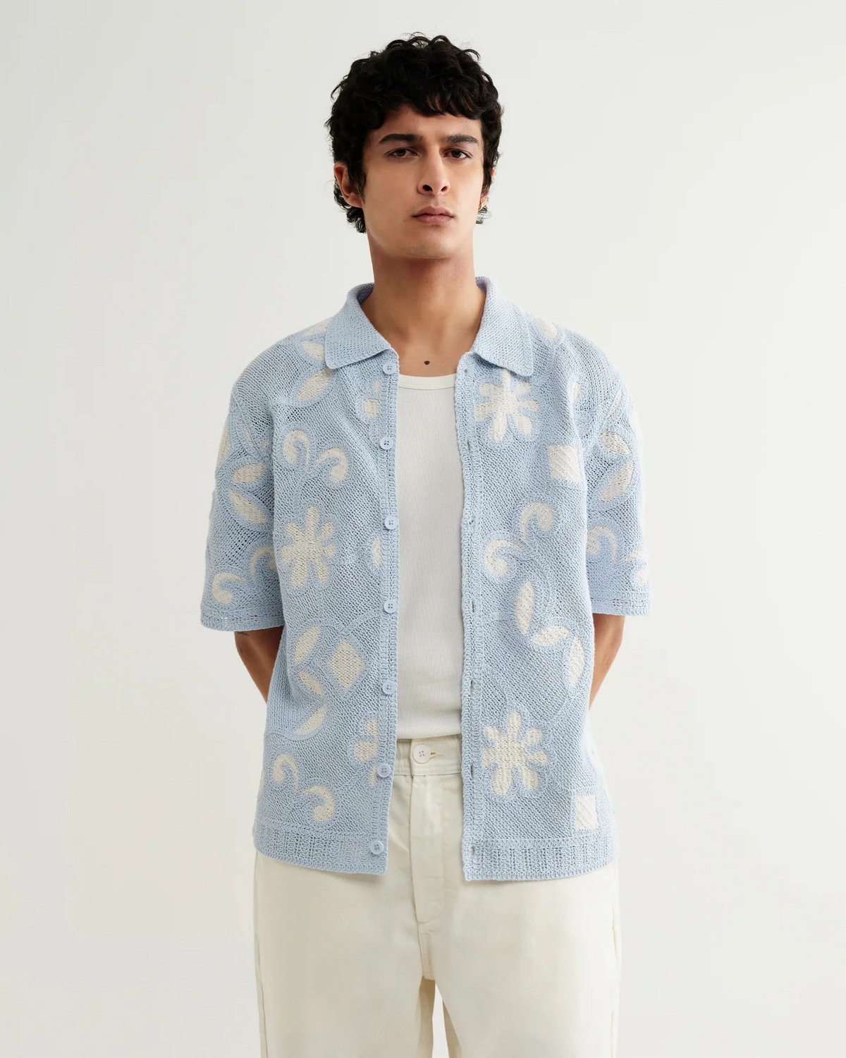 Porto Doodle Crochet Knitted Polo - Cream/Sky