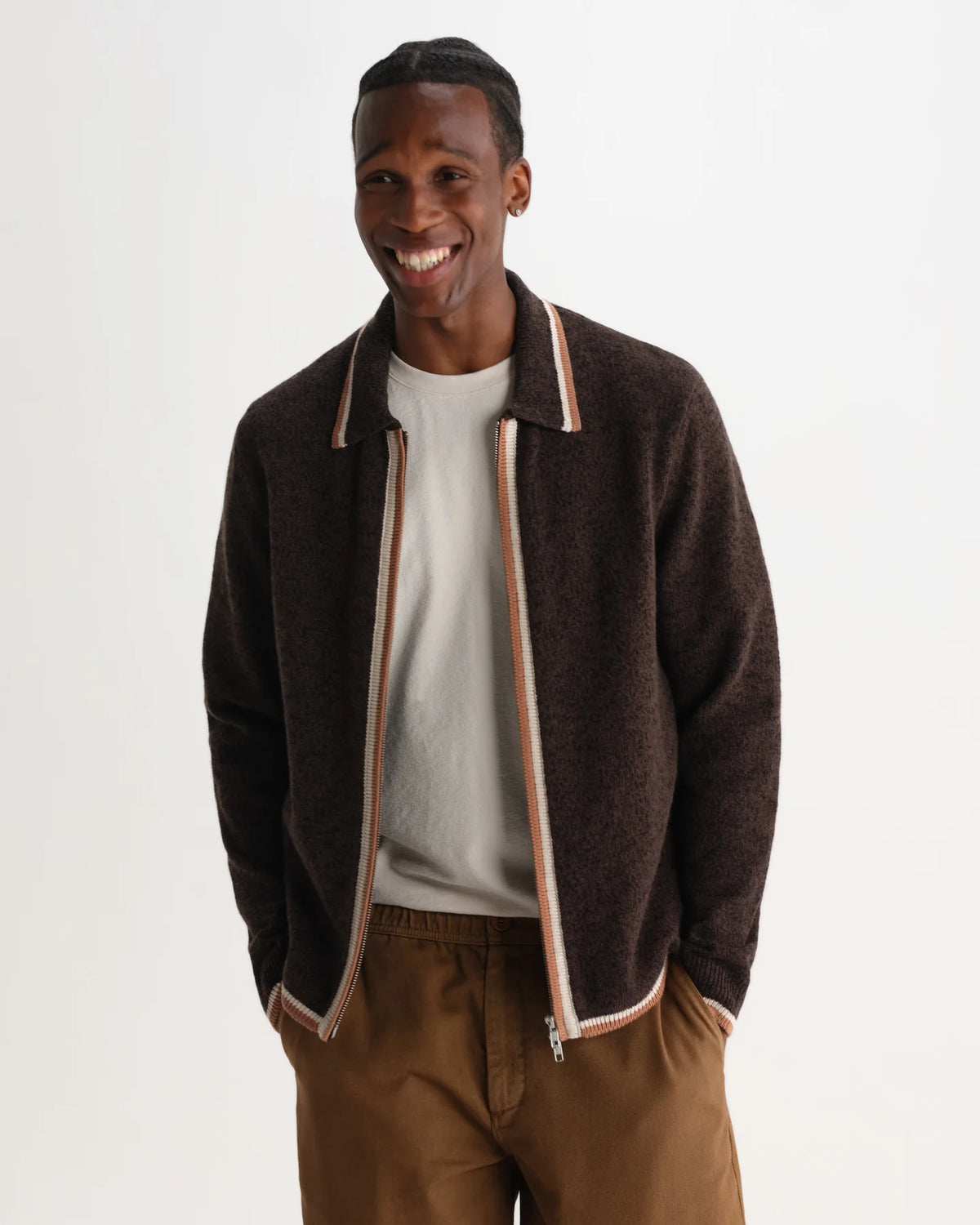 Lennox Long-Sleeve Knitted Zip Polo - Brown