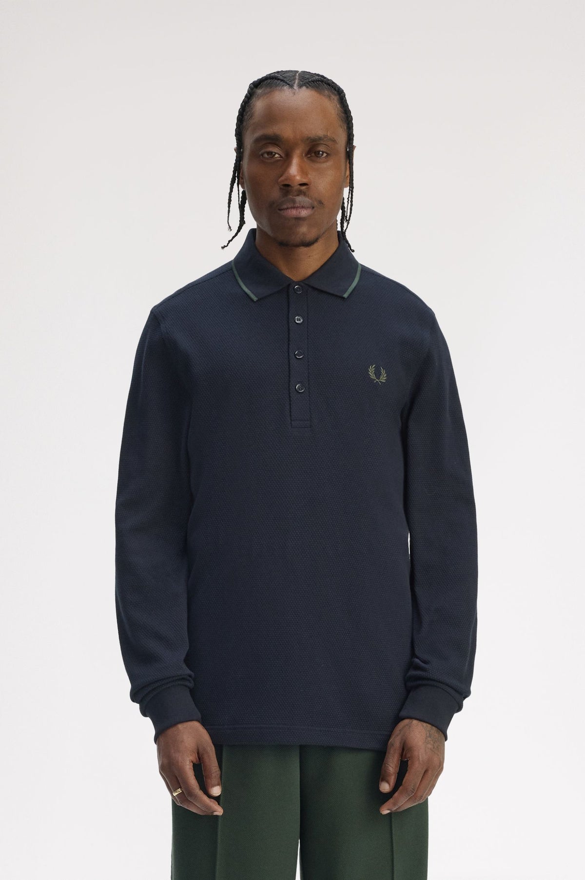 Textured Long Sleeve Polo - Navy