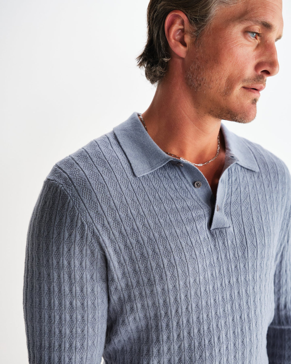 Oban Diamond Stripe Knitted Polo - Slate Blue