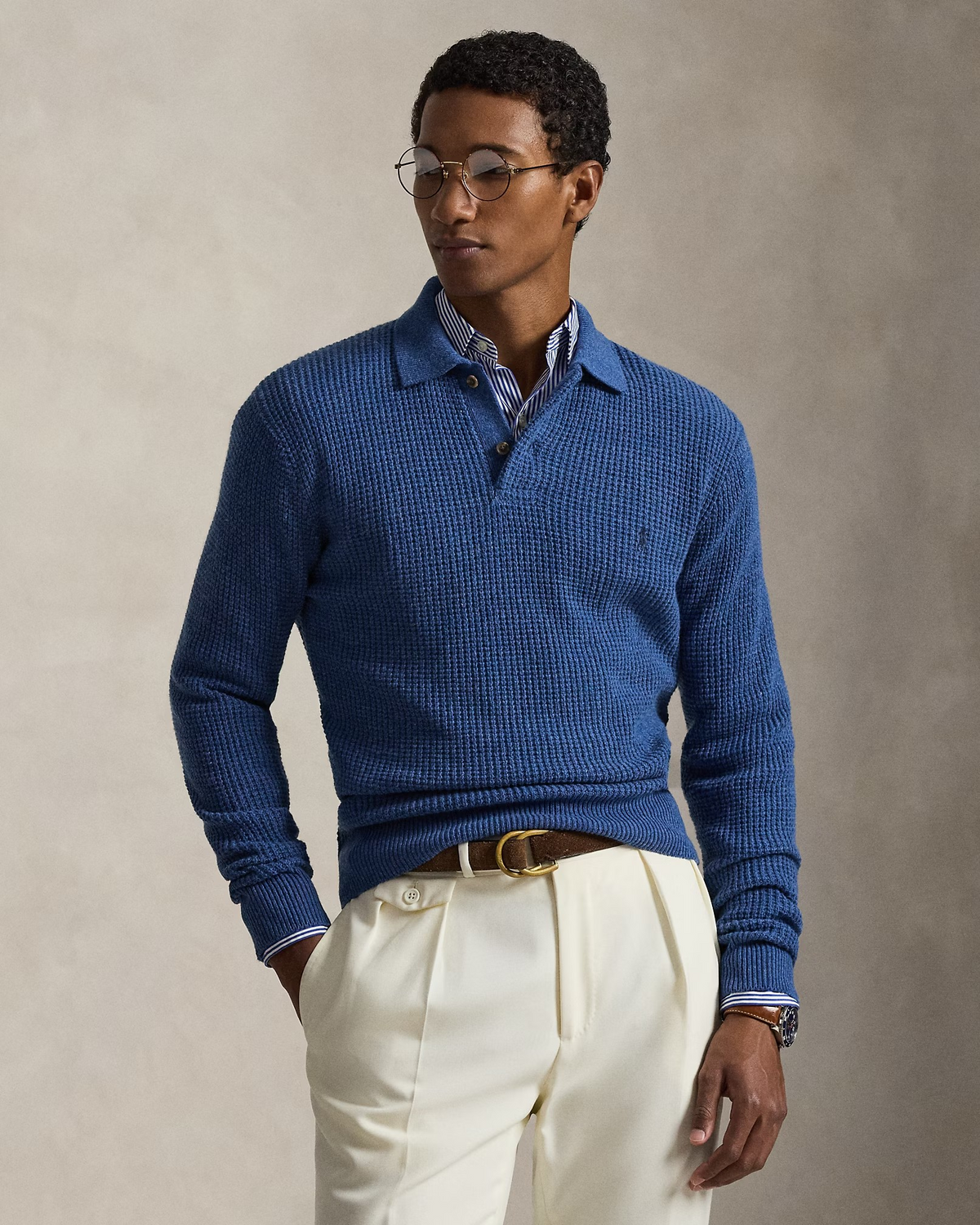 Textured Wool-Cotton Polo-Collar Jumper - Blue